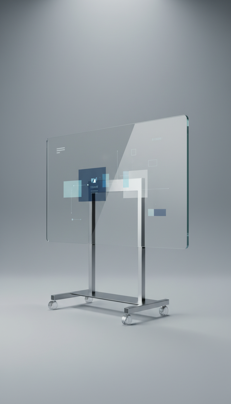 Mobile glass interactive panel on rolling stand