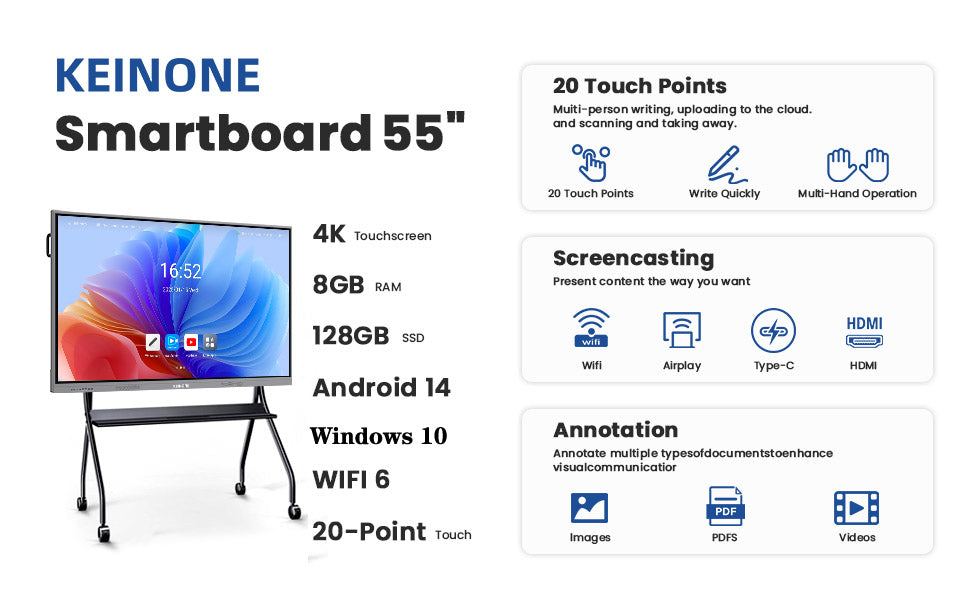 55 inch Smart Board 8+128 – Android 14, Windows 10 dual system 4K Interactive Flat Panel