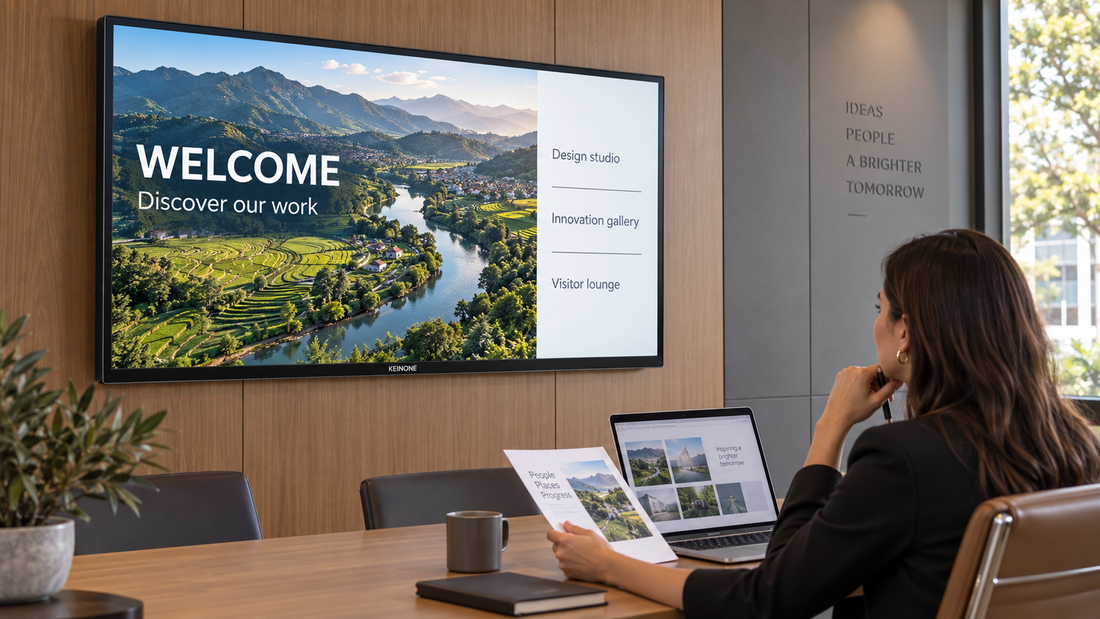 Content designer reviewing a detailed welcome slide on a wall-mounted KEINONE digital signage display