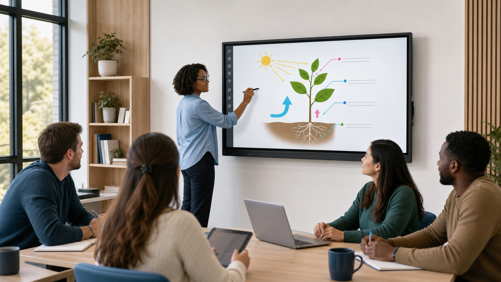 Teacher using a 55-inch interactive smart board in a modern classroom