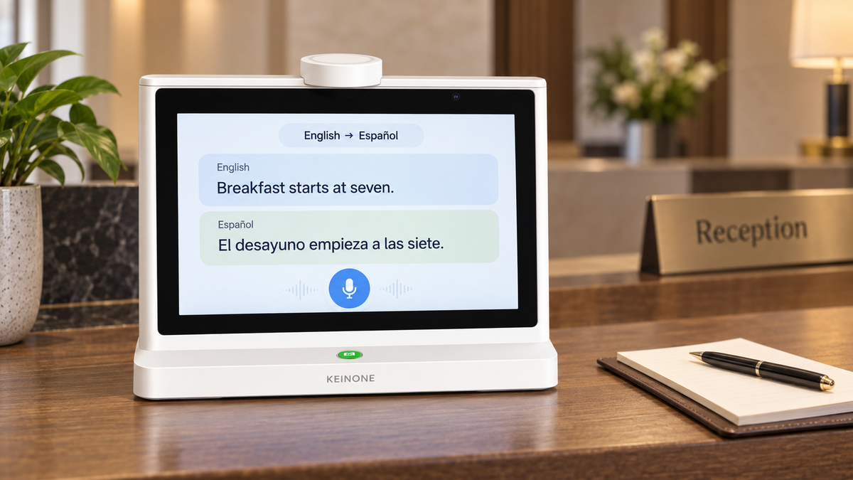 KEINONE desktop translator on a hotel reception counter displaying an English and Spanish breakfast-time translation.