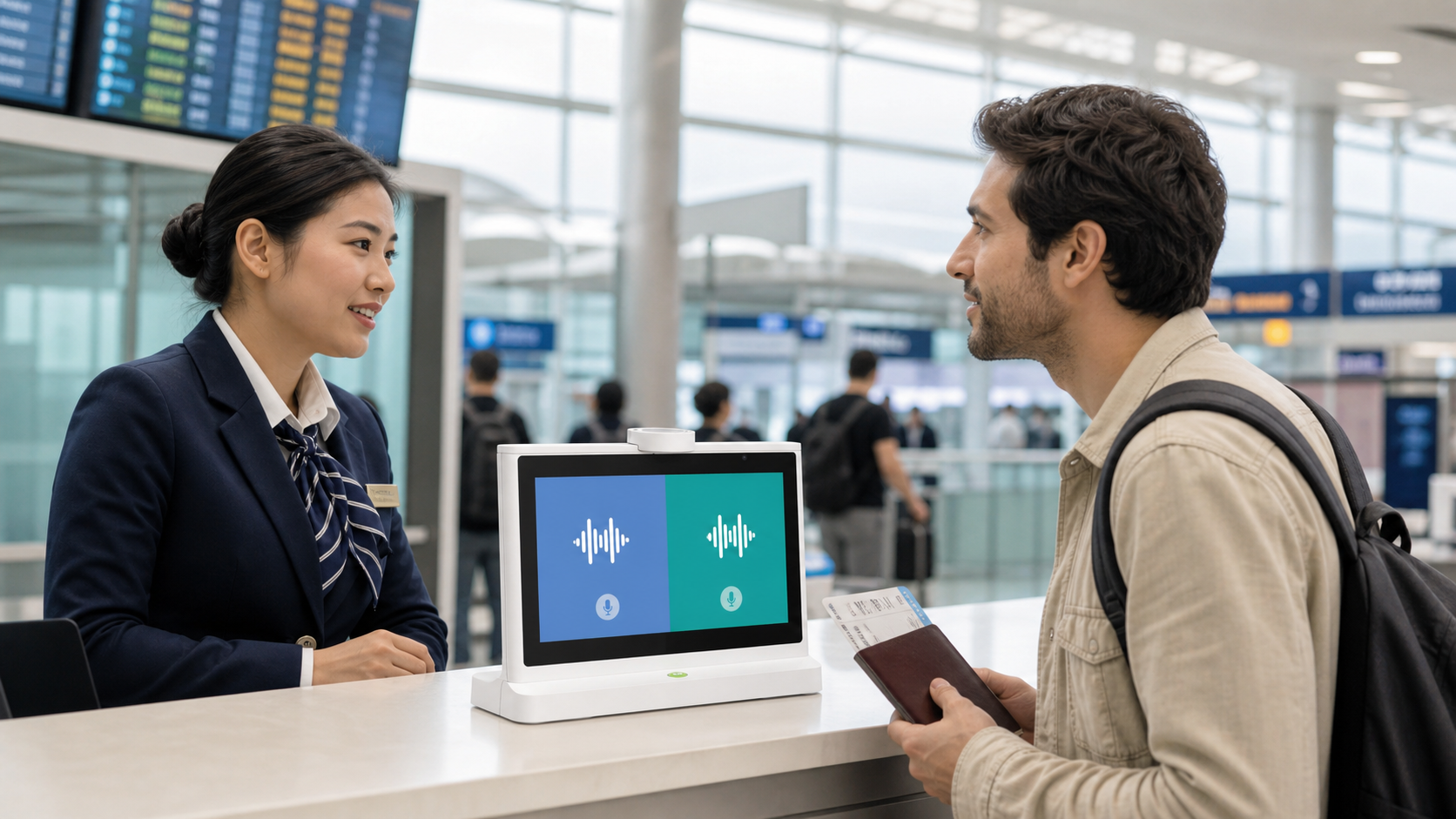 Airport service agent and international traveler using a KEINONE dual-screen AI translator at a passenger assistance desk