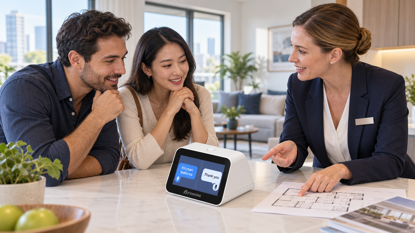 International homebuyers using a KEINONE AI translator with a real estate agent during a property tour