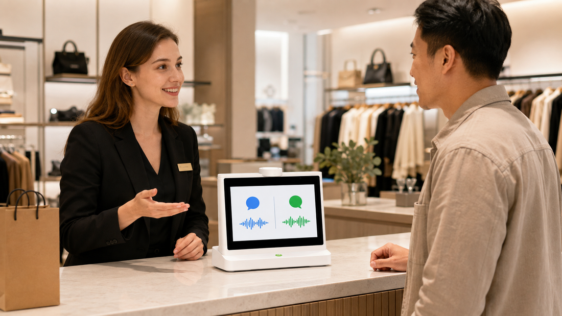 Retail associate using a KEINONE dual-screen AI translator to assist an international shopper at a customer service counter