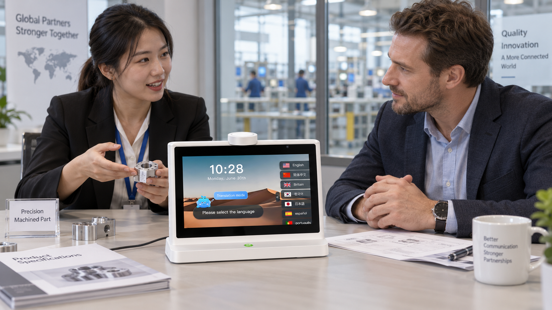 Factory host and overseas buyer discussing a sample beside a KEINONE desktop translator in a quiet showroom