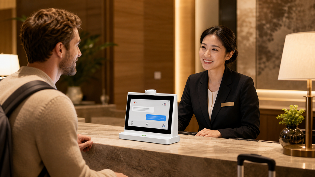 International hotel guest and receptionist using a KEINONE 10.1-inch dual-screen AI translator at the front desk