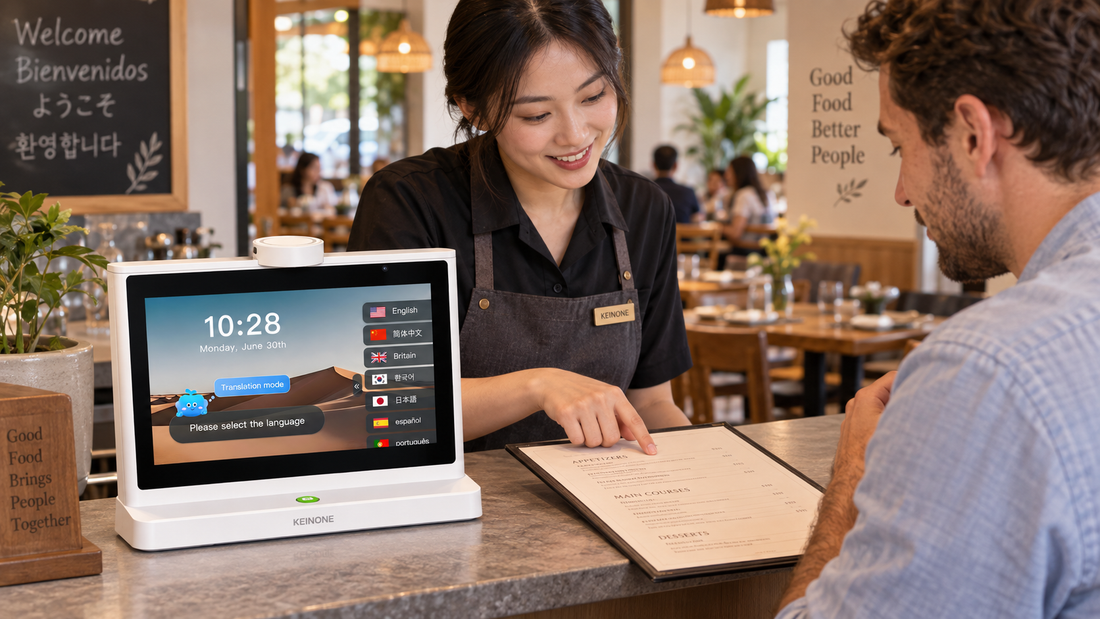 Restaurant host and guest reviewing a menu beside a KEINONE dual-screen AI translator at the reception counter