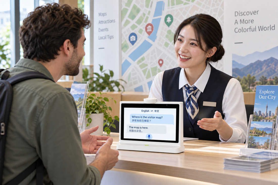 Visitor center staff member and international traveler using a white tabletop AI translator with an English and Chinese conversation on screen