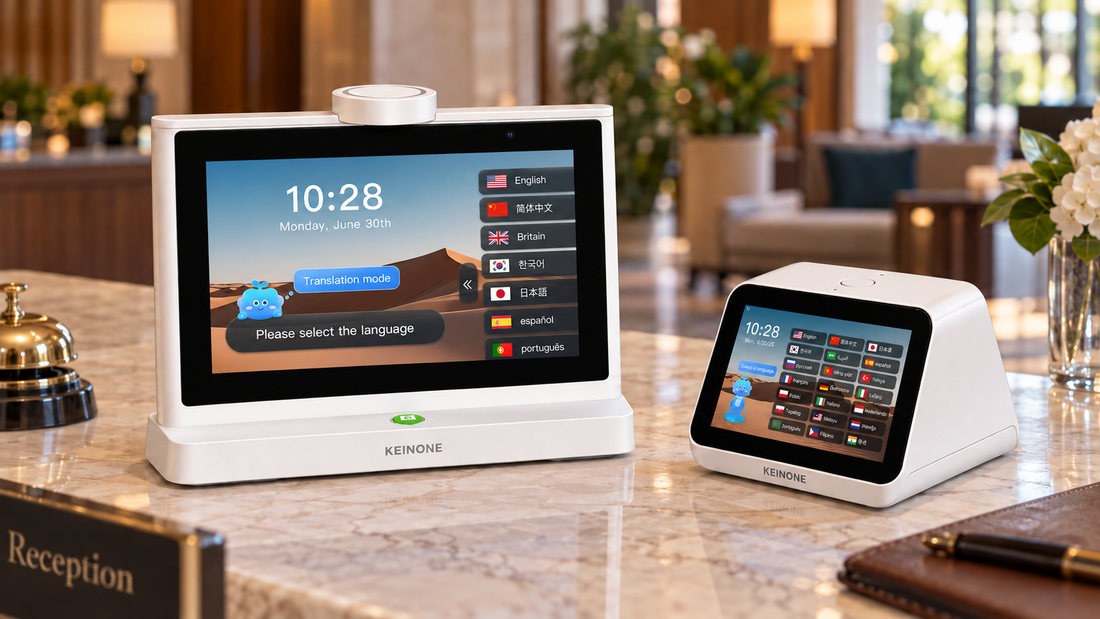 Large desktop and compact KEINONE translators showing language selection menus on a hotel reception counter