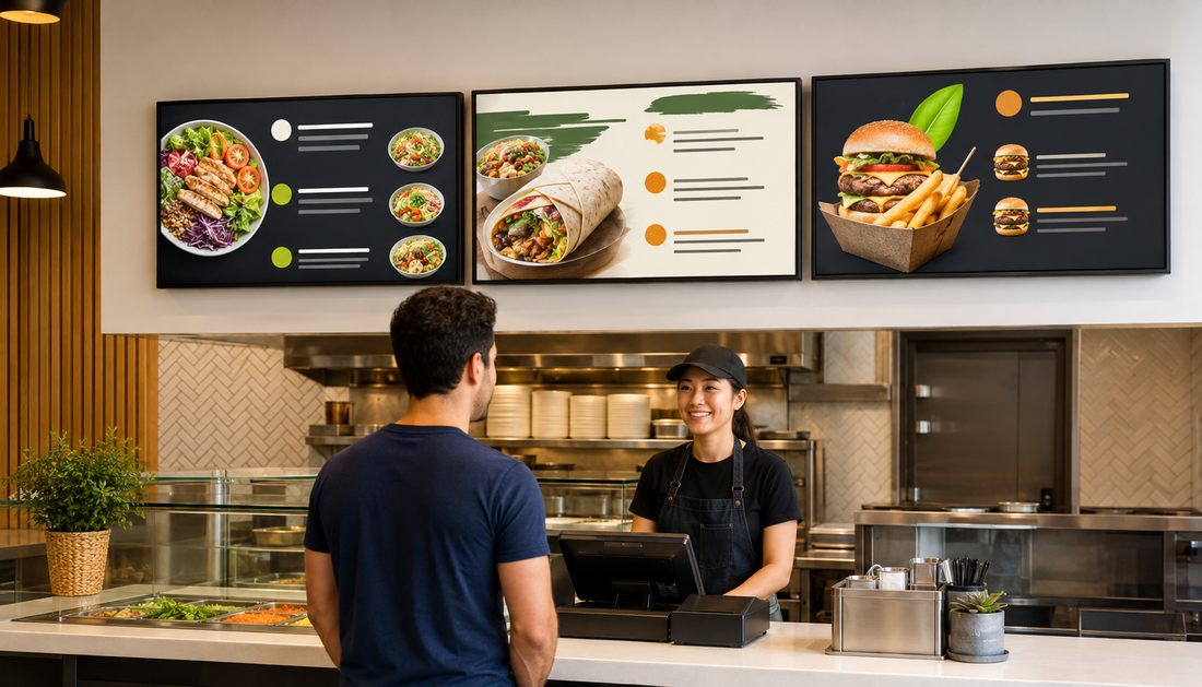 Three wall-mounted KEINONE digital menu boards above a modern fast-casual restaurant counter