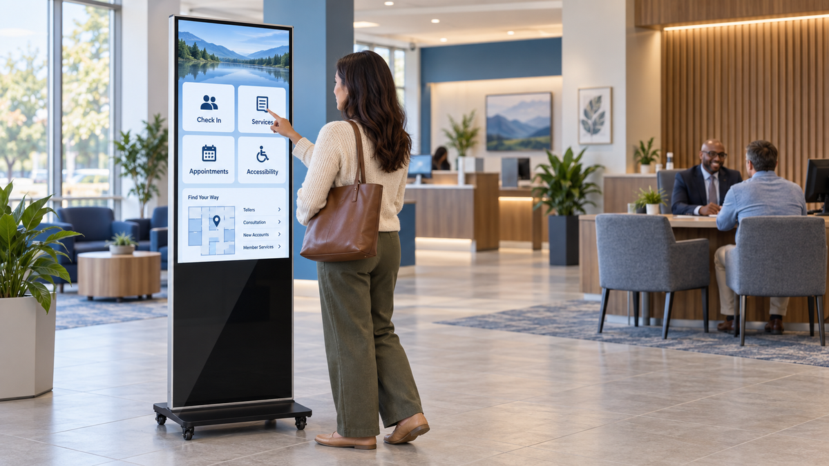 Customer using a floor-standing interactive digital signage kiosk for wayfinding in a modern bank branch