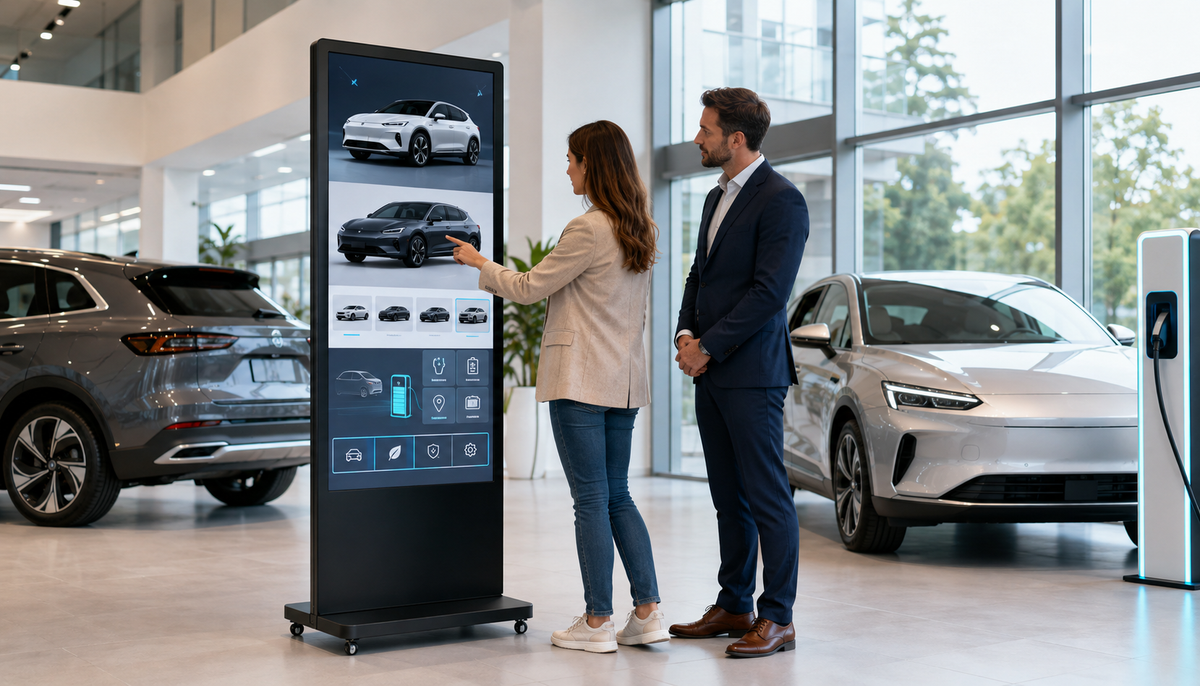 Customer using a KEINONE floor-standing touchscreen digital signage kiosk in a modern car dealership showroom