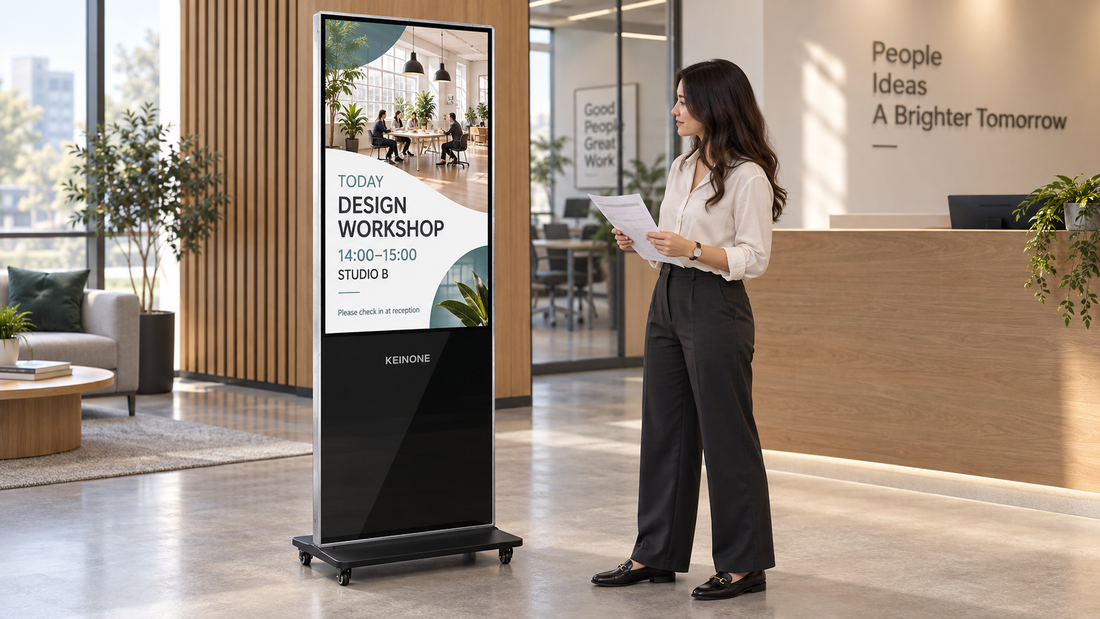 Staff member checking an event poster on a KEINONE floor-standing digital signage kiosk in an office reception area