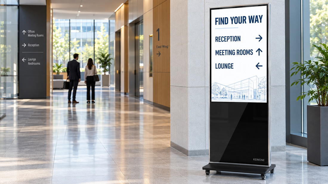 KEINONE floor-standing digital signage displaying large directional text in a modern office corridor