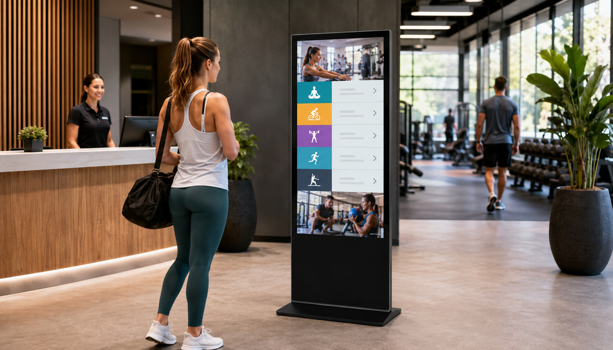 Gym member viewing a KEINONE floor-standing digital signage kiosk near a modern fitness club reception