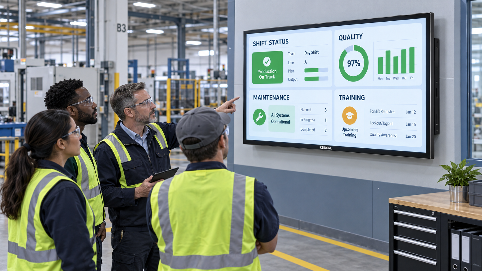 Manufacturing team reviewing production and safety updates on a KEINONE digital signage display