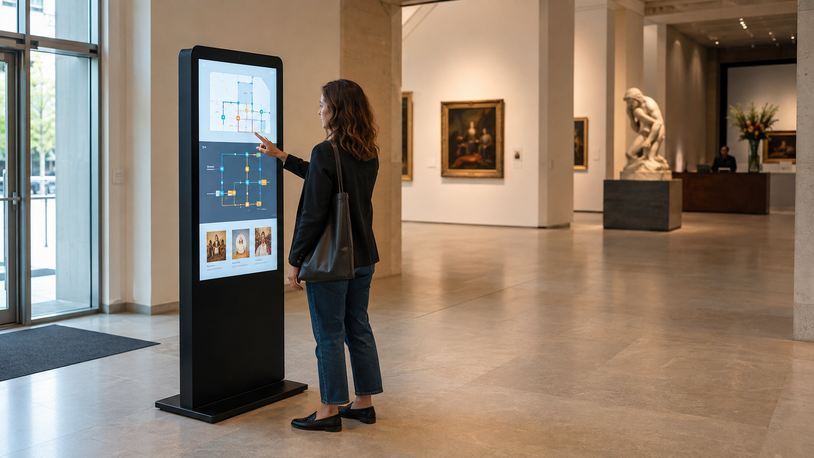 Museum visitor using a floor-standing interactive digital signage kiosk to view a gallery map