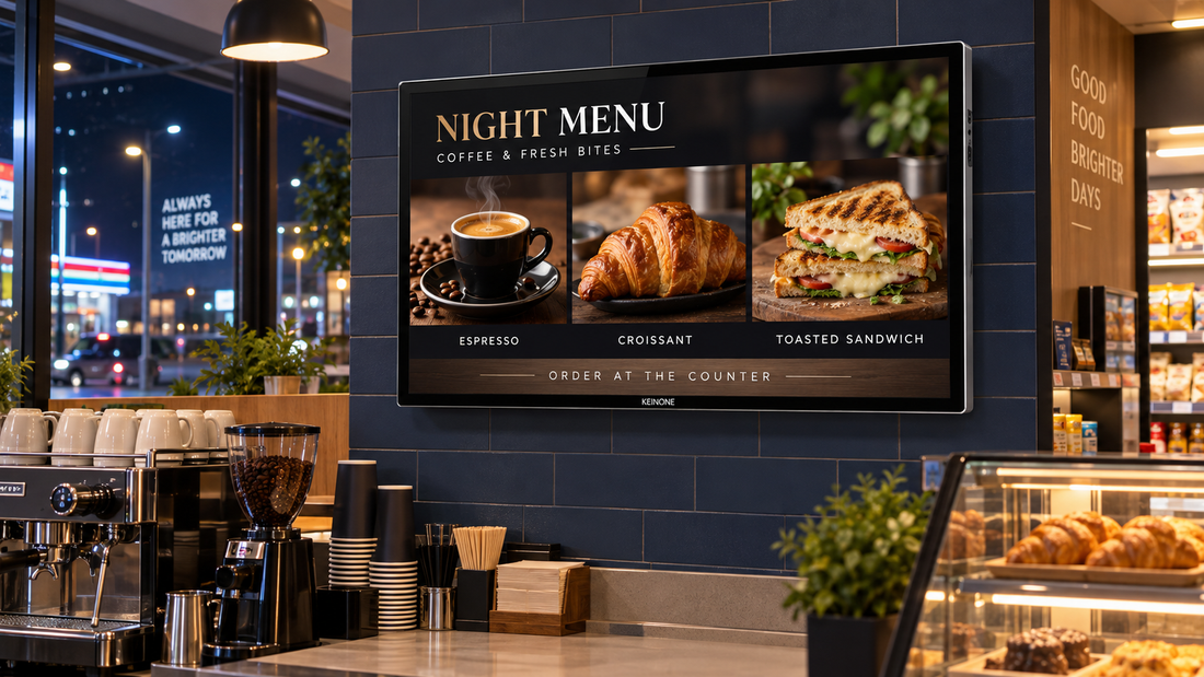 KEINONE wall-mounted digital signage displaying a detailed coffee and food menu in a convenience store at night.
