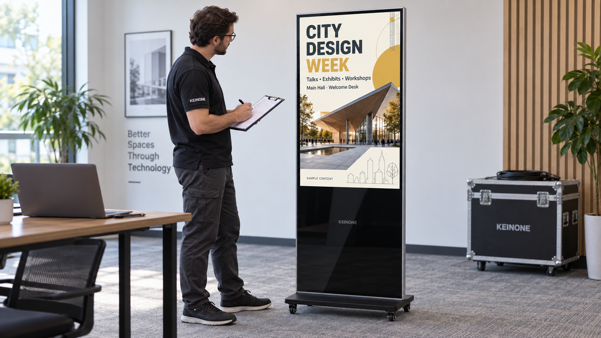 Technician checking sample event content on a KEINONE floor-standing digital signage display in an AV demonstration room