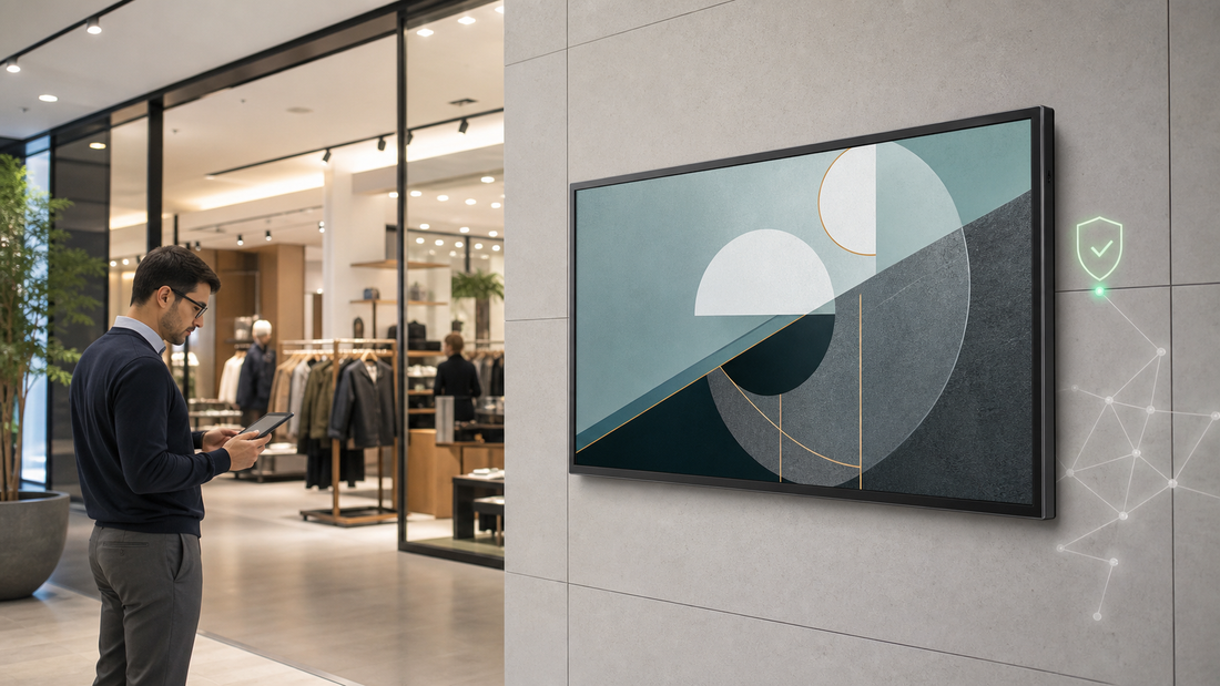 IT administrator checking a KEINONE wall-mounted digital signage display in a secure retail network