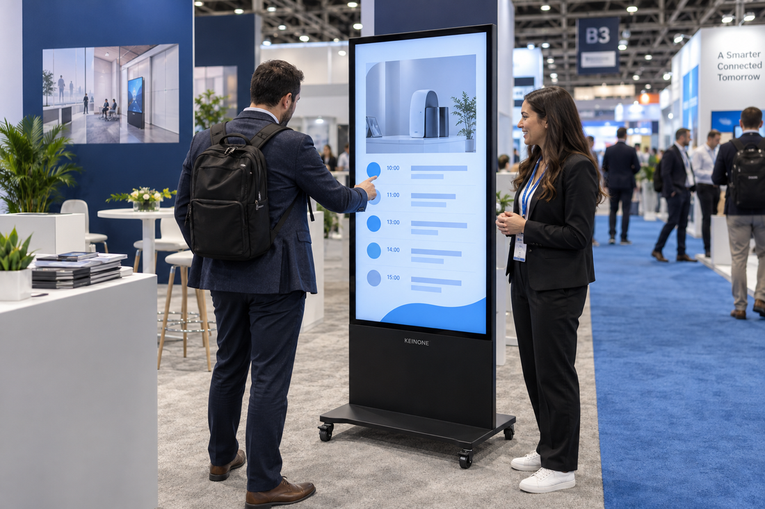 Trade show attendee using a KEINONE floor-standing digital signage kiosk at an exhibition booth