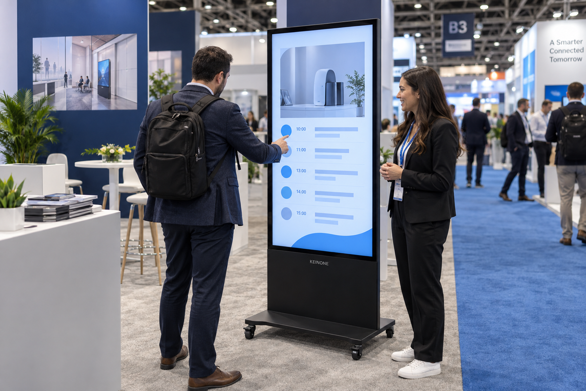 Trade show attendee using a KEINONE floor-standing digital signage kiosk at an exhibition booth
