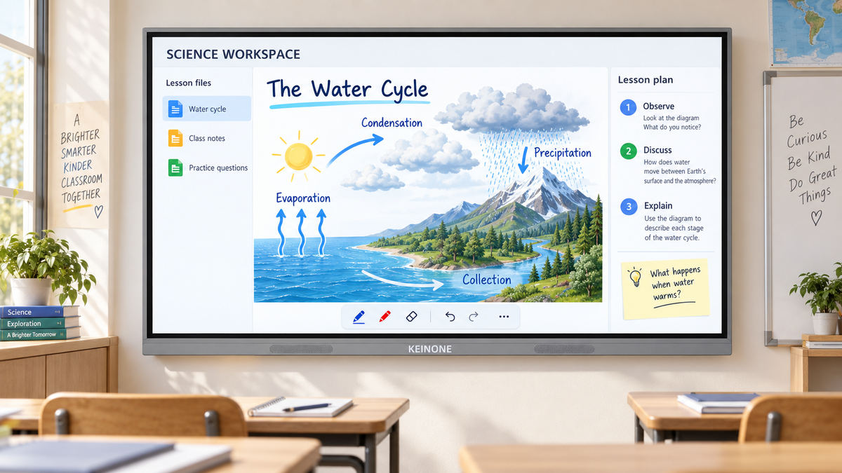 KEINONE interactive smart board displaying a detailed water-cycle lesson, lesson files and teaching notes in a classroom.