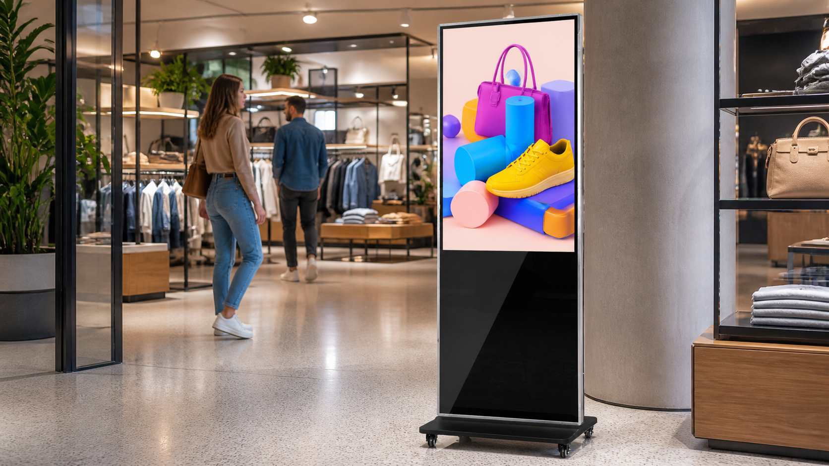 KEINONE floor-standing digital advertising kiosk displaying retail media in a modern store