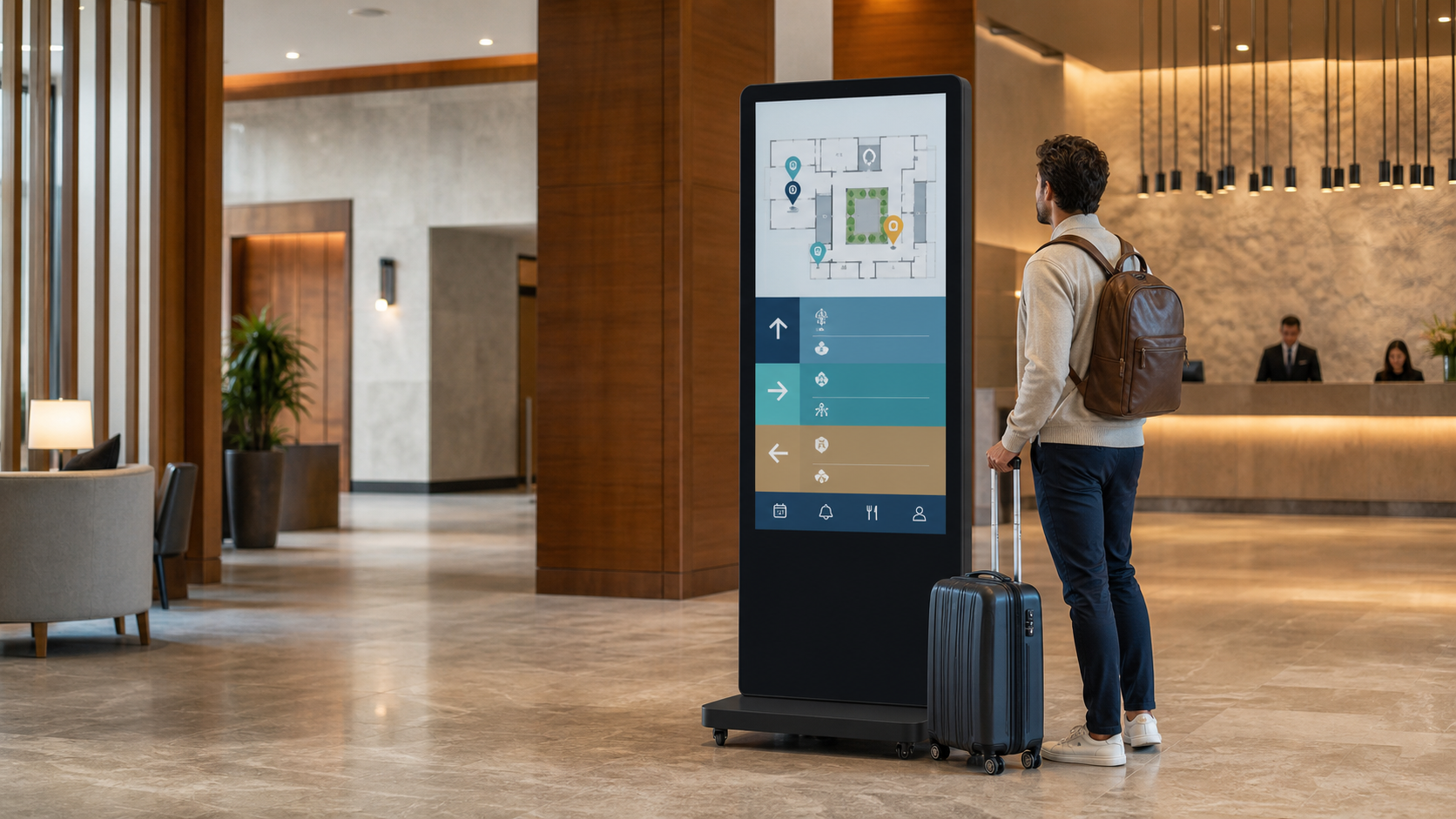 Hotel guest using a floor-standing KEINONE digital signage kiosk for lobby wayfinding