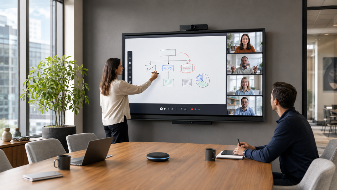 Team using a KEINONE interactive smart board for an inclusive hybrid meeting