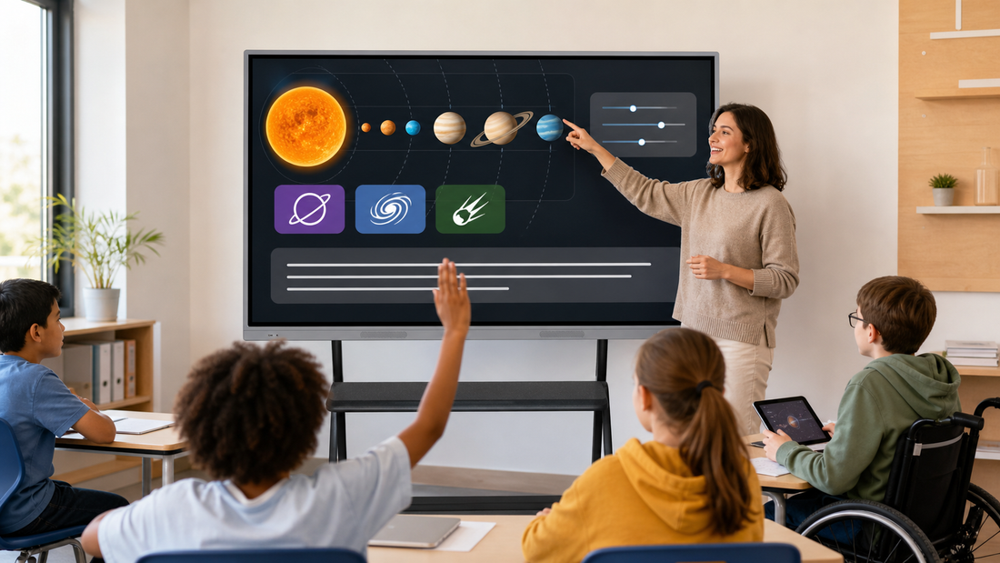 Teacher using a classroom interactive display with accessible visual content while students participate, including a wheelchair user