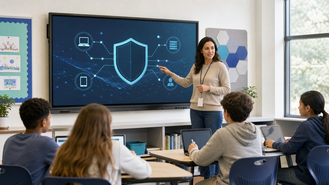Teacher using an interactive display with cybersecurity icons in a modern classroom