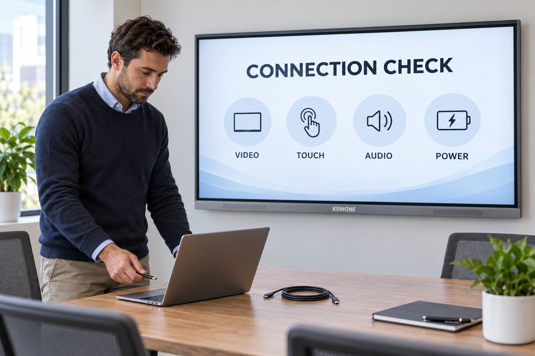 IT coordinator preparing a laptop connection beside a KEINONE interactive display showing video, touch, audio and power checks.