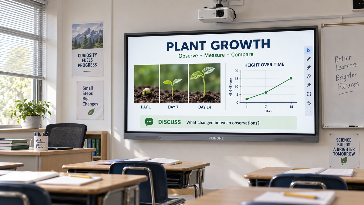 KEINONE interactive smart board showing a plant growth lesson in a classroom with a ceiling-mounted projector and paper notebooks.