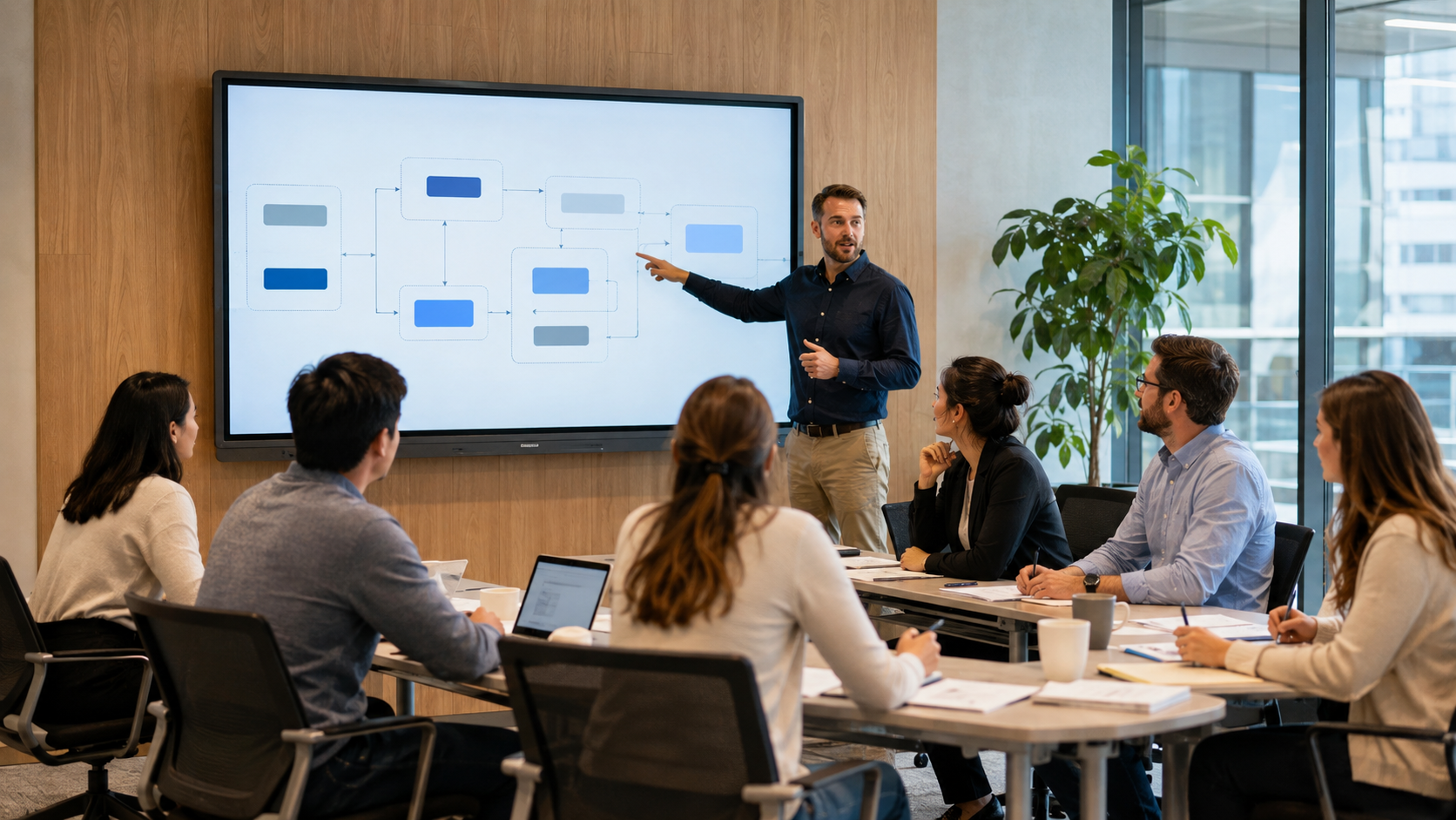Facilitator using a large interactive display during a collaborative corporate AI training workshop