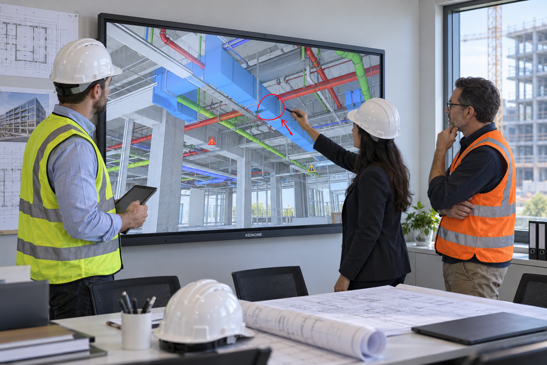Construction project team reviewing a BIM model on a KEINONE interactive display in a coordination room