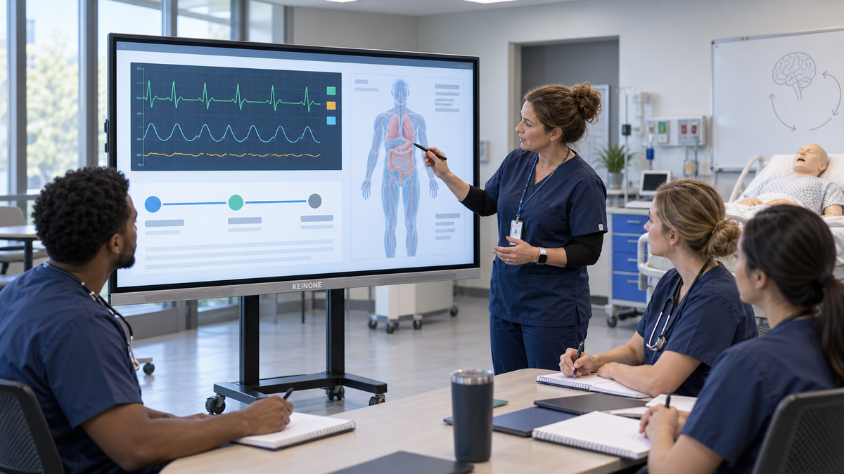 Nursing instructor using a KEINONE interactive display to debrief students after a clinical simulation