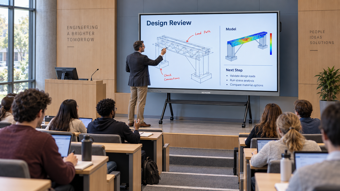 University lecturer annotating an engineering diagram on a large KEINONE interactive display in a tiered lecture hall