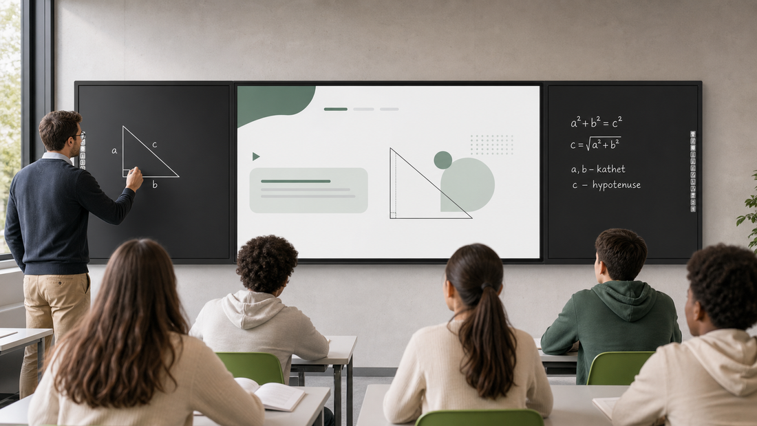 Teacher using a KEINONE interactive smart blackboard with side writing panels and a central digital display