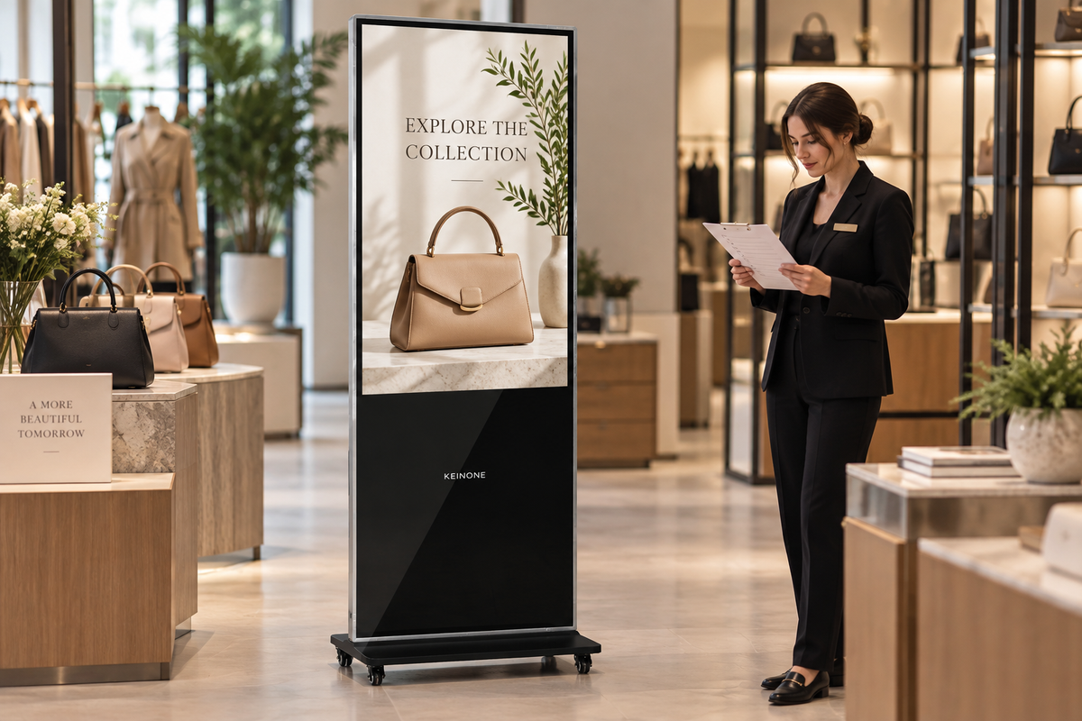Retail employee checking a clipboard beside a KEINONE floor-standing digital signage kiosk displaying an evergreen handbag promotion.