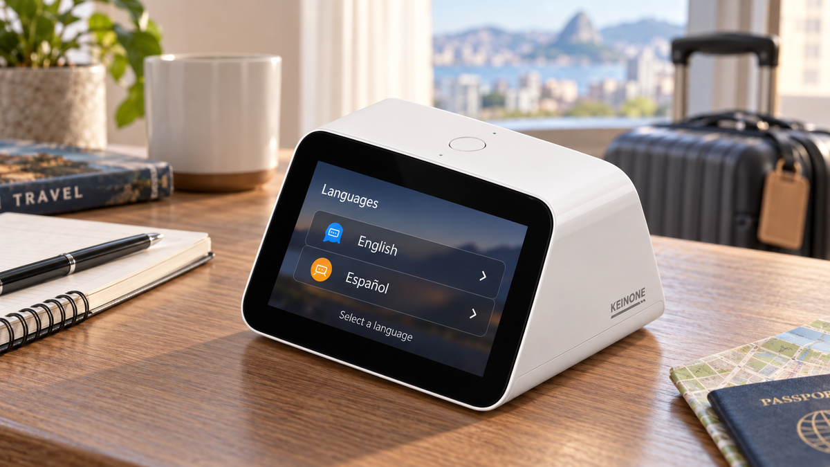 KEINONE compact translator on a travel preparation desk, showing an English and Spanish language selection screen.