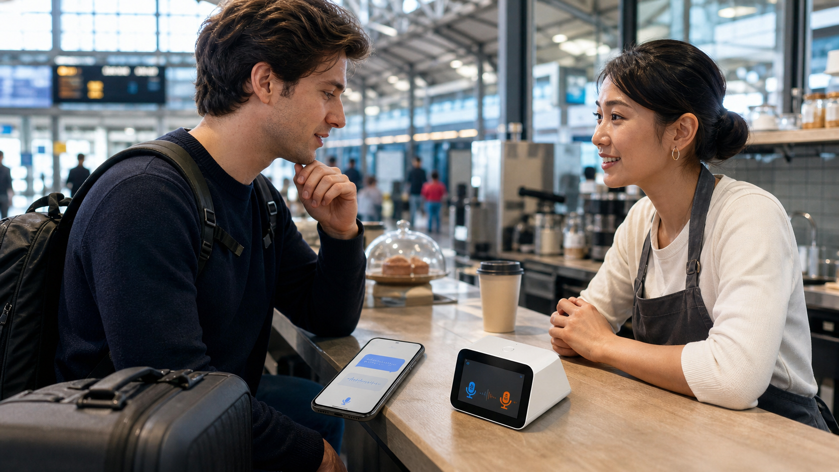 International traveler comparing a KEINONE portable translator with a smartphone translation app at a station café