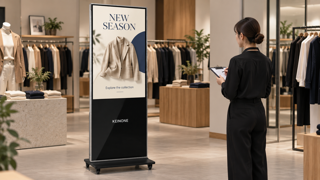 KEINONE floor-standing portrait digital signage kiosk showing a simple fashion poster while a retail staff member checks the layout.