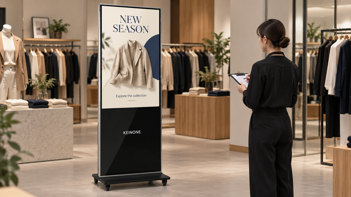 KEINONE floor-standing portrait digital signage kiosk showing a simple fashion poster while a retail staff member checks the layout.