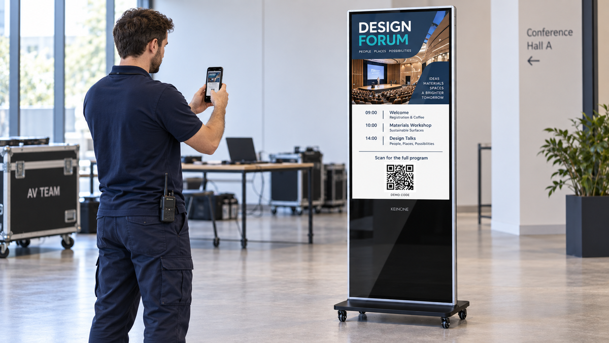 Technician testing a QR code on a KEINONE floor-standing digital signage display showing a conference program.