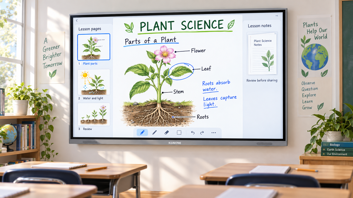 KEINONE interactive smart board showing a labeled plant diagram, handwritten classroom notes and lesson-page previews.
