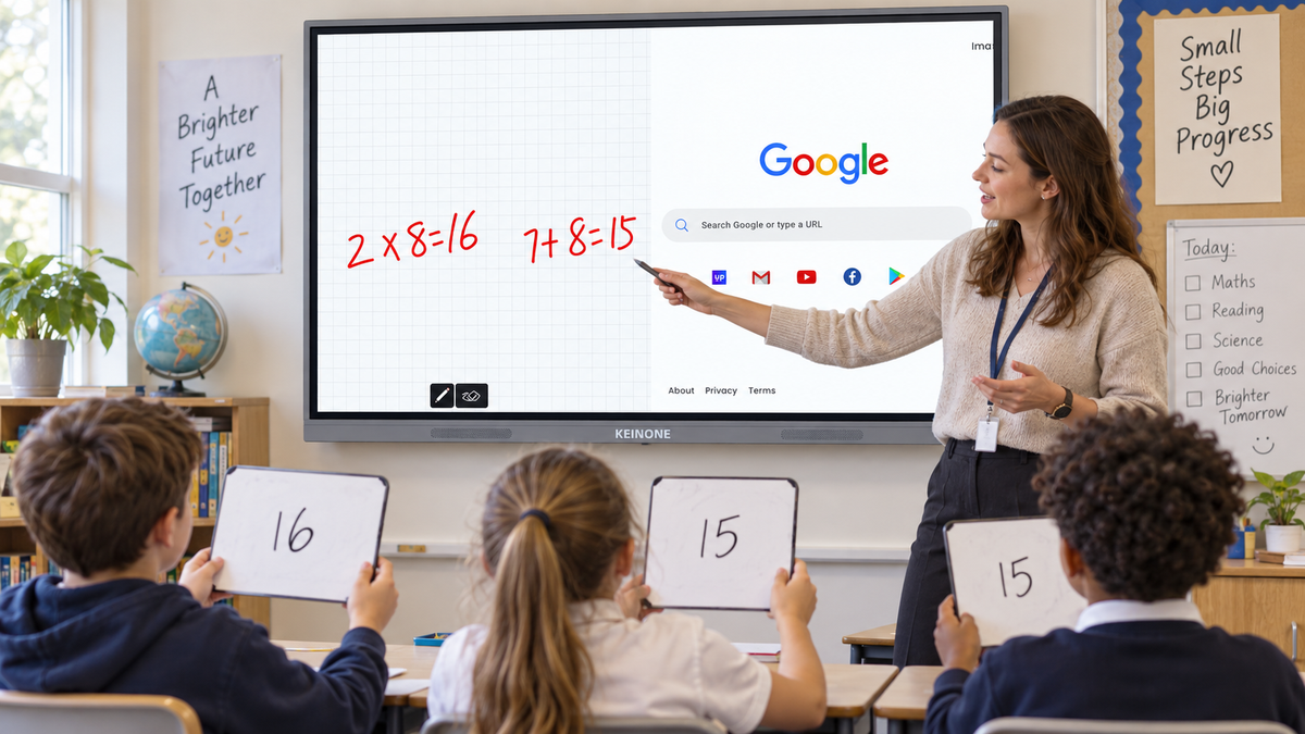 Teacher reviewing calculations on a KEINONE interactive smart board while pupils respond using individual physical whiteboards