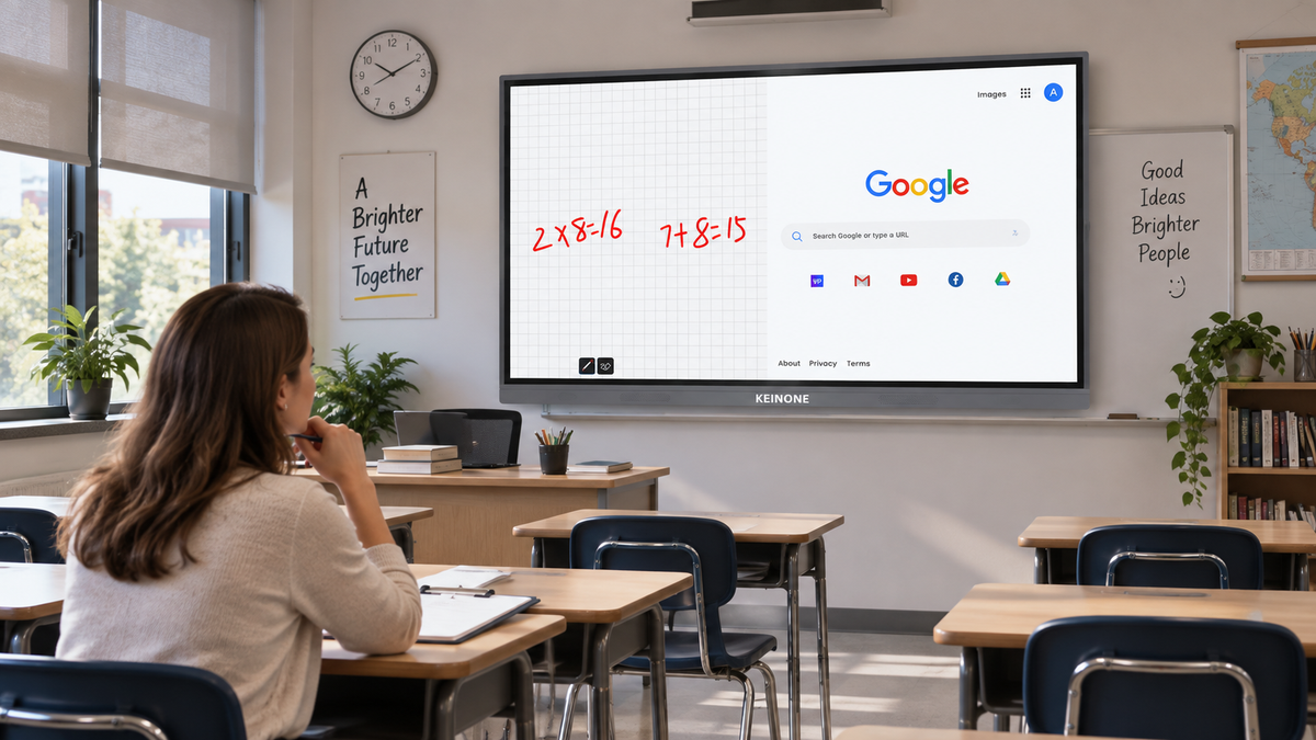 Teacher checking a KEINONE interactive display from a classroom seat beside windows with roller blinds