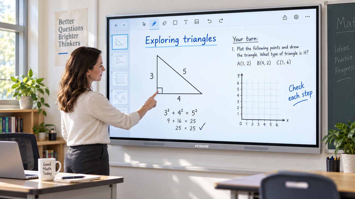 Teacher checking touch response on a KEINONE interactive smart board displaying a detailed right-triangle lesson.