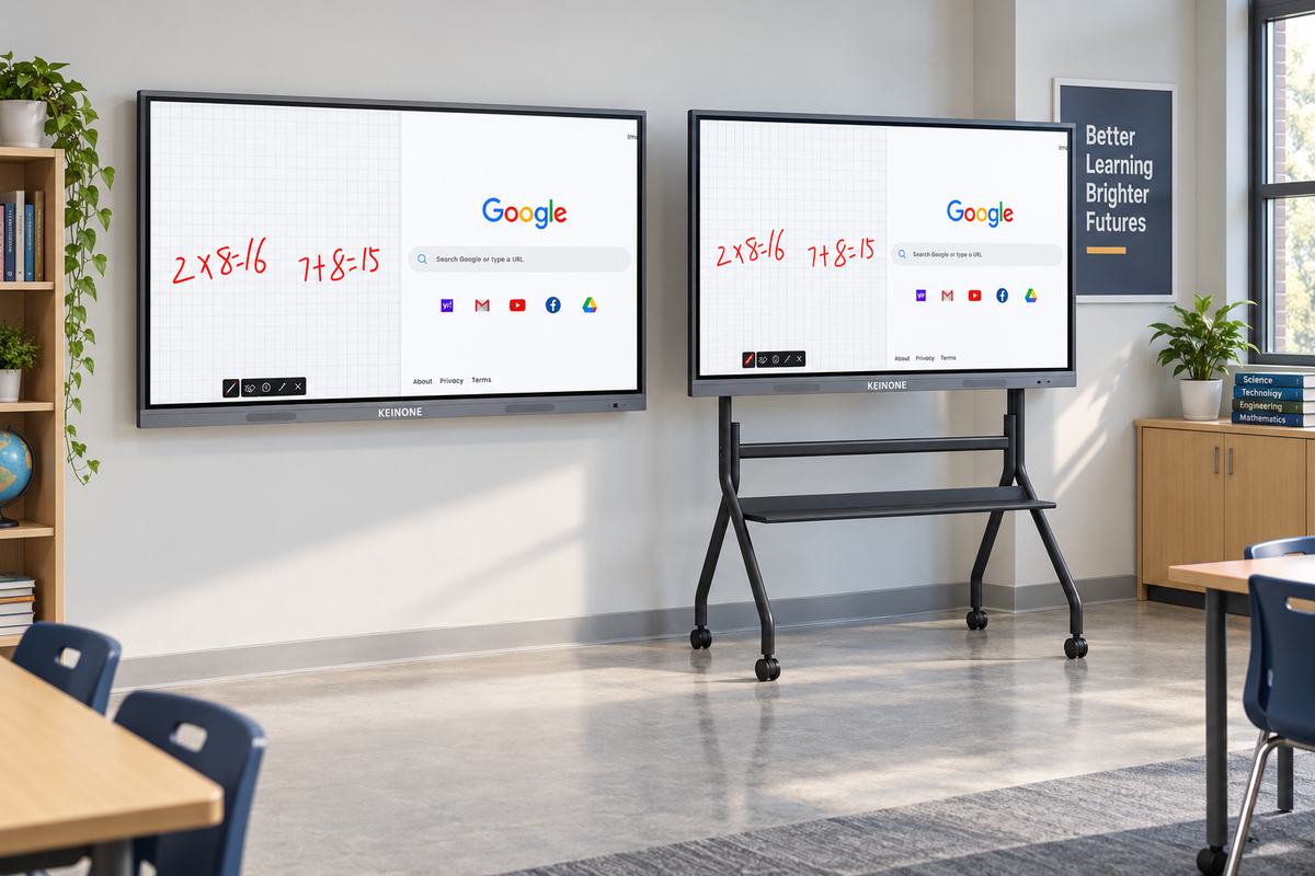 Wall-mounted KEINONE interactive smart board beside a board on a black four-caster mobile stand in a classroom